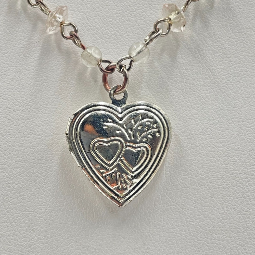 Vintage Y2K Silver Tone Beaded Heart Locket Necklace Pastel Clear Pink Crystals